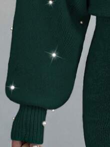 Elenzga 大码优雅船领串珠灯笼袖毛衣连衣裙 - 綠色 - 查看 3