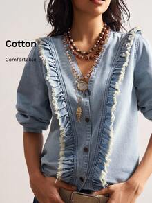 Bohemela 波西米亚西部牛仔乡村度假休闲梭织V领长袖荷叶边下摆女式衬衫 - 藍色 - 查看 8