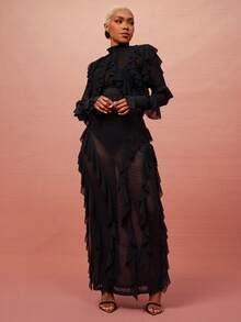 Vixey Falda midi ajustada de cintura alta con detalle de volantes de malla transparente - Negro - Ver 1
