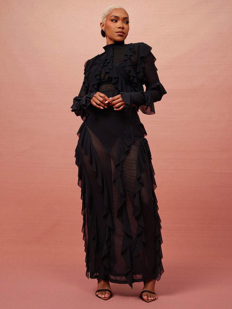 Vixey Falda midi ajustada de cintura alta con detalle de volantes de malla transparente - Negro - Ver 1