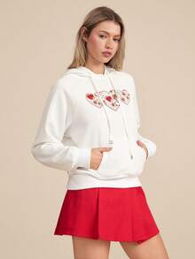 WESTFADE Patchwork Heart Hooded Drawstring Loose Fit Long Sleeve Pullover Sweatshirt Hoodie Winter, Spring, Resort, Valentine's Day, Cute, Boho, Nashville, Cowgirl, Western Wear, Vacation - White - View 4