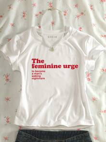 SHEIN 女士标语印花圆领短袖露脐修身休闲T恤 - 白色 - 查看 3