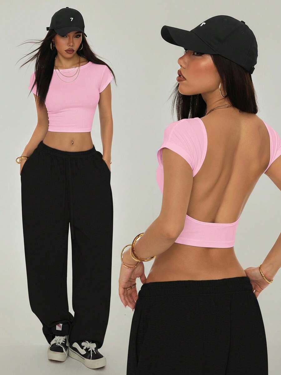 SHEIN PETITE Women's Sexy Baby Pink Plain Crop Tee With Backless Design And Cap Sleeves Round Neck - Baby Pink - View 1
