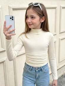 SHEIN Serisse Kids Tween Girl Neck Ruched Basics Solid Color Knit Tee,Great For Casual & Daily Wear & School Daily In Autumn & Winter - Apricot - View 8