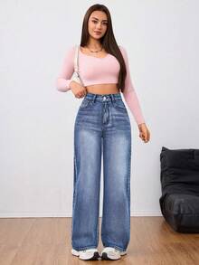 Jeanoix 高腰直筒宽松蓝色休闲百搭日常牛仔裤 - 中等水洗藍 - 查看 3