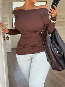 Easura Plus Size Women's Minimalist Off Shoulder Pleated Casual Top - Brown - View 1
