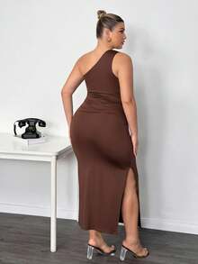 Truni Plus Size Women's Solid Color Sleeveless Ruched Fitted Elegant Dress/Autumn /Winter - Brown - View 2