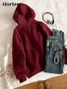 Tween Girl Casual Versatile Hooded Zip-Up Sweatshirt, With Pink Bow Embroidery On Front, Two Pockets On Sides, Suitable For School, Commuting, Walking, Matching With Sweatpants, Long Sleeves, Sweaters Zipper Maroon Hoodie Red - Burgundy - View 2