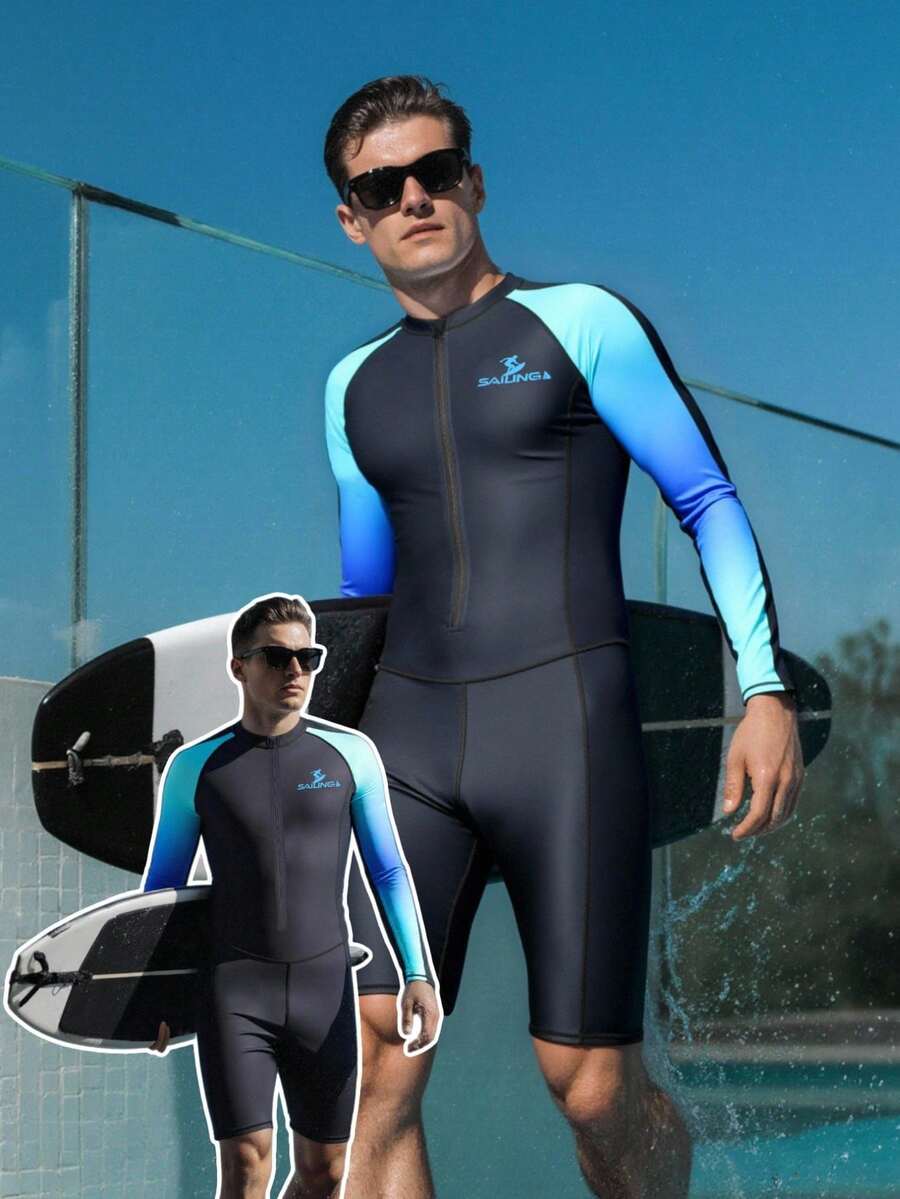 Zalmeno 男士撞色拉链长袖连体泳衣 长袖泳衣 男士泳装 男士泳裤 带压缩功能的潜水服 男士冲浪泳衣 泳池服 男士游泳套装 - 黑色 - 查看 1