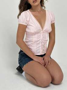 Women Plus Size Solid Color Ruched Puff Sleeve Lace Trim Summer Fashion Blouse - Baby Pink - View 5