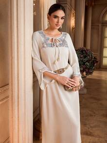 Al Najma Women's Rhinestone Decor Tassel Tie Neck Long Sleeve Elegant Arabic Style Dress - Apricot - View 7
