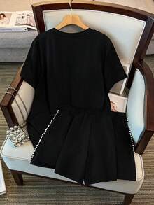 GlowEve CURVE 新款加大码女士高端休闲运动套装，宽松修身短袖T恤和短裤两件套，居家或户外穿着皆宜，黑色款 - 黑色 - 查看 2