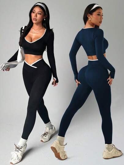 Velisys 2pcs/Set Women Seamless Contrast Color Sports Set Two Piece Sport Set Active Two Piece Set Two Piece Legging Set Long Sleeve Workout Set Curve Activewear Set
