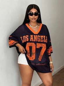 Maweii Áo thun lưới rộng mùa hè cho nữ cỡ lớn, áo thể thao màu xanh có in chữ - Nhiều màu - Xem 3