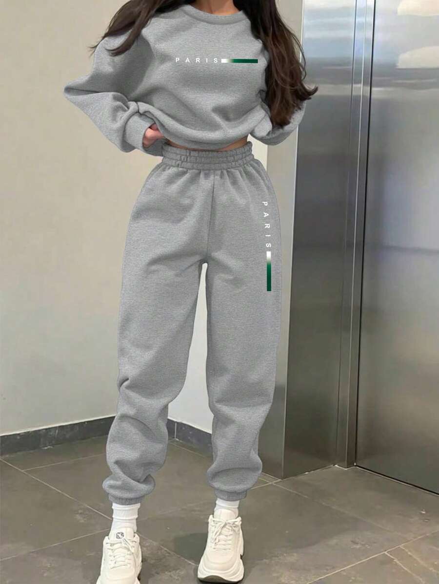 BamGleam Paris Minimalist Digital Print Front Casual Comfortable Versatile Streetwear Women Fleece Sweatshirt & Pants Set Fall Cloth For Women - Light Grey - View 1