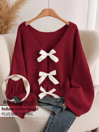 CosyJoli Women's Plus Size Bowknot Back Knitted Sweater, Fashionable & Comfortable Versatile Pullover For Autumn/Winter Red Burgundy