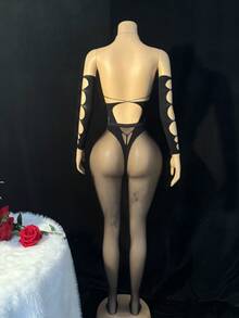 4pcs Women's Sexy Mesh See-Through Bodystocking Set - Black - View 7