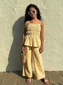 Girls Striped Bow Camisole Top And Straight Leg Pants Summer Vacation Outfit - Yellow - View 3