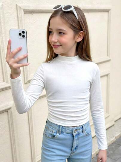 SHEIN Serisse Kids Tween Girl Neck Ruched Basics Solid Color Knit Tee,Great For Casual & Daily Wear & School Daily In Autumn & Winter