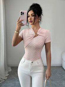 SHEIN Elenzya Textured Fabric Metal Buckle Collar Splice Elegant Women T-Shirt - Pink - View 3