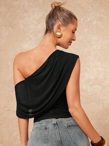 Lumalex And High-End Women's Casual Daily Commuting Elegant Solid Color Waist Asymmetric Shoulder Ruched Elegant Top, Business Casual,Spring/Summer Old Money Style - Black - View 2