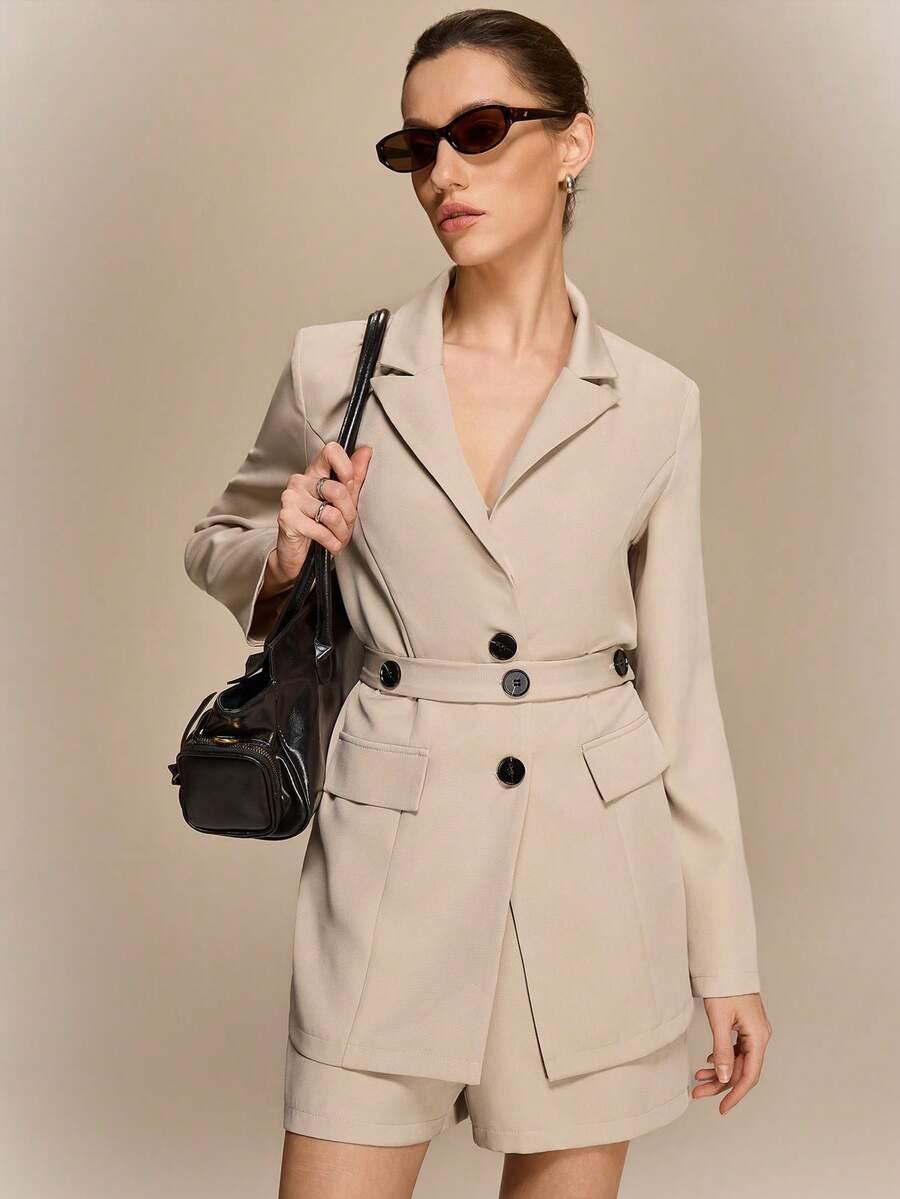 Hanevo Women's Solid Color Lapel NeckLong Sleeve Single-Breasted Jacket And Shorts Casual Suit Set - Apricot - View 1