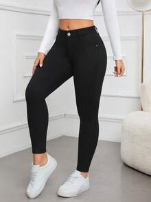 SHEIN PETITE 女士休闲修身纯色日常牛仔裤 - 黑色 - 查看 3