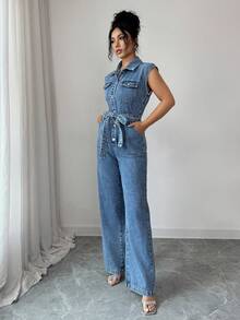 Elenzga 女士休闲水洗无袖牛仔连体裤