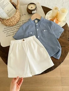 SHEIN 两件套/经济实惠的休闲运动学院风立领短袖衬衫搭配白色梭织短裤套装，适合日常穿着、运动、郊游、校园活动、聚会、节日庆典、拍照、返校季、春夏穿着。 - 藍色 - 查看 6