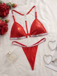 SHEIN 2pcs Set Heart Rhinestone Decor Metallic Lingerie Set Bridallingerie, Rave - Red - View 6