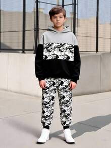 SHEIN Vacaura 男童服装连帽运动服上衣和裤子，迷彩撞色 - 男童秋冬服装 - 男童服装套装适合8-12岁 - 黑色 - 查看 3