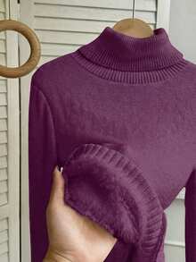 Franclia 时尚百搭高领厚款无缝修身长袖针织毛衣，百搭秋冬 - 紫色 - 查看 8