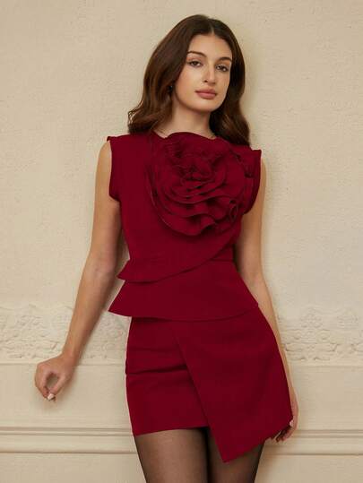 Aveloria Rosie Elegant 2-Piece Set: Solid Color Floral Decor Waist Top Paired With A-Line Midi Skirt, Fashionable & Versatile For Work, Autumn/Winter