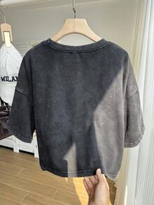 Comfortcana Plus Size Short Sleeve Washed Cotton T-Shirt, Spring Crop Tops - Black - View 2