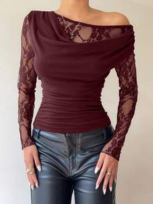 Siren Gaze Autumn/Winter New Lace Collar Slim Fit T-Shirt For Women, Elegant Ladies Top - Burgundy - View 7
