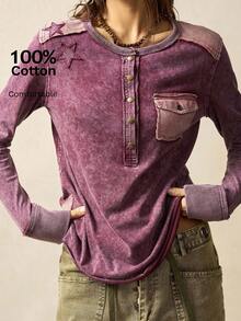 Bohemela Áo thun nữ tay dài dệt kim chắp vá thông thường - Màu đỏ tím - Xem 1