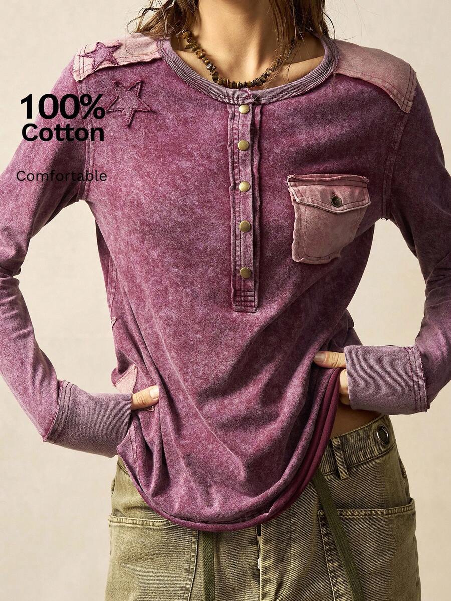 Bohemela Áo thun nữ tay dài dệt kim chắp vá thông thường - Màu đỏ tím - Xem 1