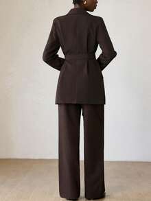 Aveloria Modichic Women's Lapel Collar Loose Long Sleeve Blazer And Wide Leg Pants Suit Set - Coffee Brown - View 4