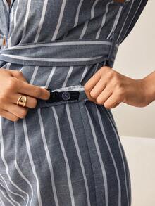 MaterniWear Maternity Wear, Maternity Dresses, Elegant Commuting/Office Attire, Summer Dark Gray Striped Collared Single-Breasted Shirt And Wide-Leg Trousers Casual Set, Adjustable Elastic Waistband, Pure Cotton Maternity Wear, Two-Piece Set, Casual Two-Piece Set, Women's Summer Two-Piece Set. - Grey - View 5