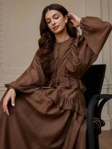 Revavyn Autumn/Winter New Women's Lantern Sleeve Solid Coffee Color Shiny Chiffon Loose Round Neck Versatile Layered Ruffle Hem Long Sleeve Flowing Dress - Brown - View 5