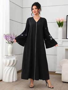 Al Najma Women's Elegant Arabic Style Long Sleeve Black Butterfly Mesh Stretch Dress, Autumn/Winter - Black - View 4