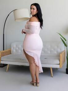Truni 女士秋季服装，冬季加大码优雅纯色3D花卉装饰露肩T恤 - 粉色 - 查看 10