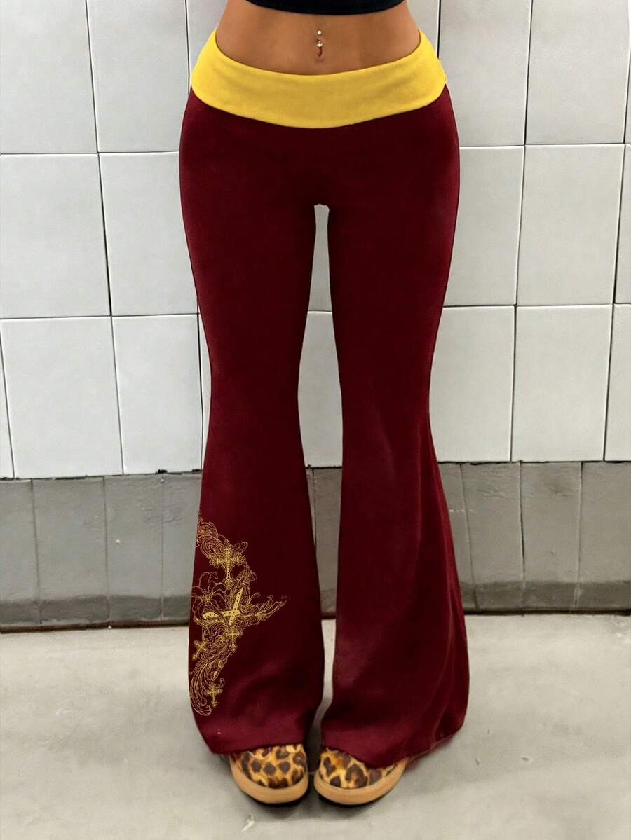 StreetHx Quần ống loe nữ thời trang phối màu tương phản, họa tiết hình chữ thập, kiểu dáng thường ngày. - Nhiều màu - Xem 1