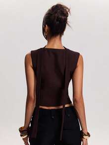 SHEIN BAE Spring Women's Casual Commuter Solid Red-Brown Collar Lace-Trimmed Collar Bow Tie Single-Button Elegant Vest Top Ideal For Casual Commuting, Everyday Wear, And Leisure Outings Stylish Vest Top Design Perfect For Valentine's Day Wear - Rust Brown - View 2