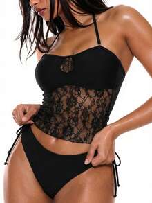 Oceva Bộ đồ bơi tankini gợi cảm dành cho nữ, phối ren tương phản, kiểu buộc dây cổ, thích hợp cho mùa hè đi biển. - màu đen - Xem 2