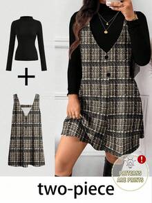SHEIN Frenchy Elegant Plaid Print Plus Size 2 Pieces Set For Women, Casual Autumn/Winter Christmas - Multicolor - View 1