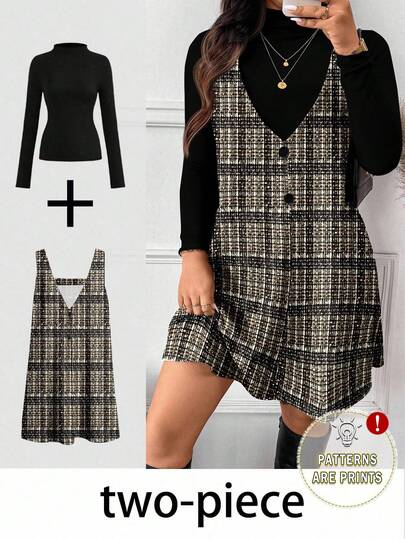 SHEIN Frenchy 优雅格纹印花加大码女士两件套，秋冬休闲