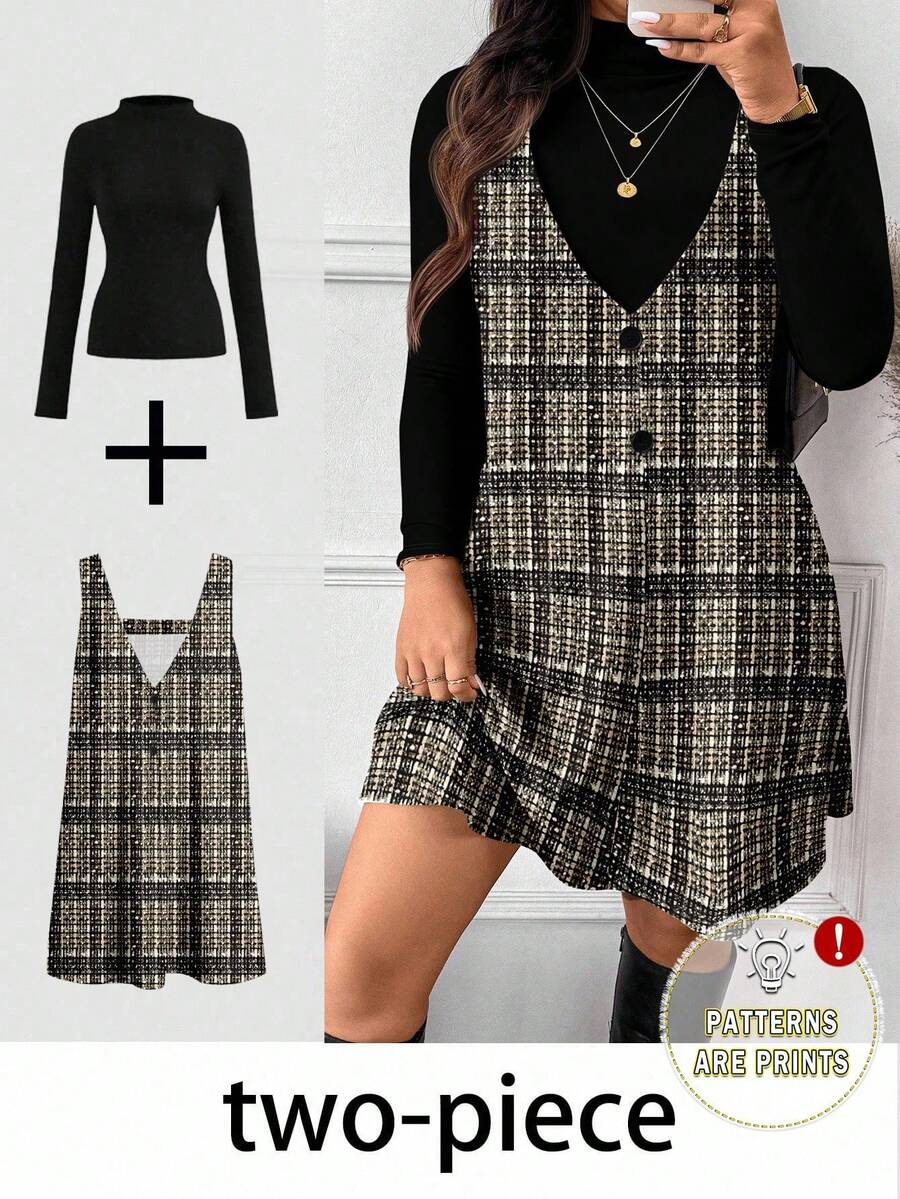 SHEIN Frenchy Elegant Plaid Print Plus Size 2 Pieces Set For Women, Casual Autumn/Winter Christmas - Multicolor - View 1