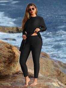 Swim Mulvari 大码女式纯色圆领长袖收腰装饰纽扣两件式比基尼泳衣 - 黑色 - 查看 6