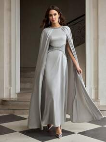 ZEYLAH 女士优雅水钻装饰披肩式连衣裙 - 灰色 - 查看 5